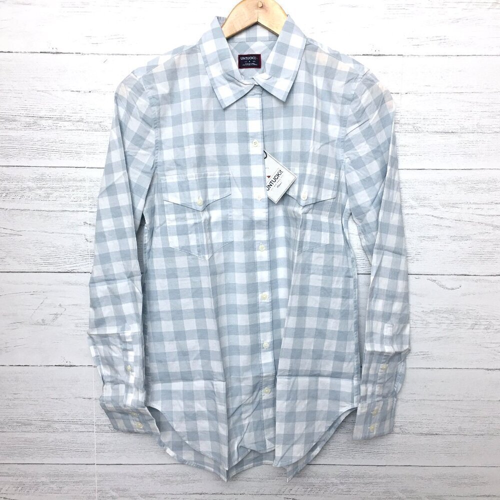 New UNTUCKit Women's Shirt Santa Marzi Blue & White Plaid Button Up size 4